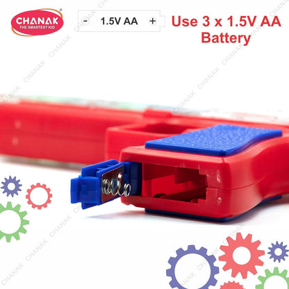 Battery compartment detail of transparent gear gun toy for kids showing 3 AA battery slots