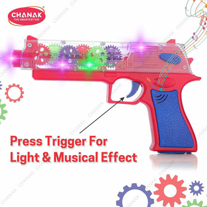 Transparent gear gun toy for kids with colorful gears and light musical effects by T-Rex the toyland Sitamarhi