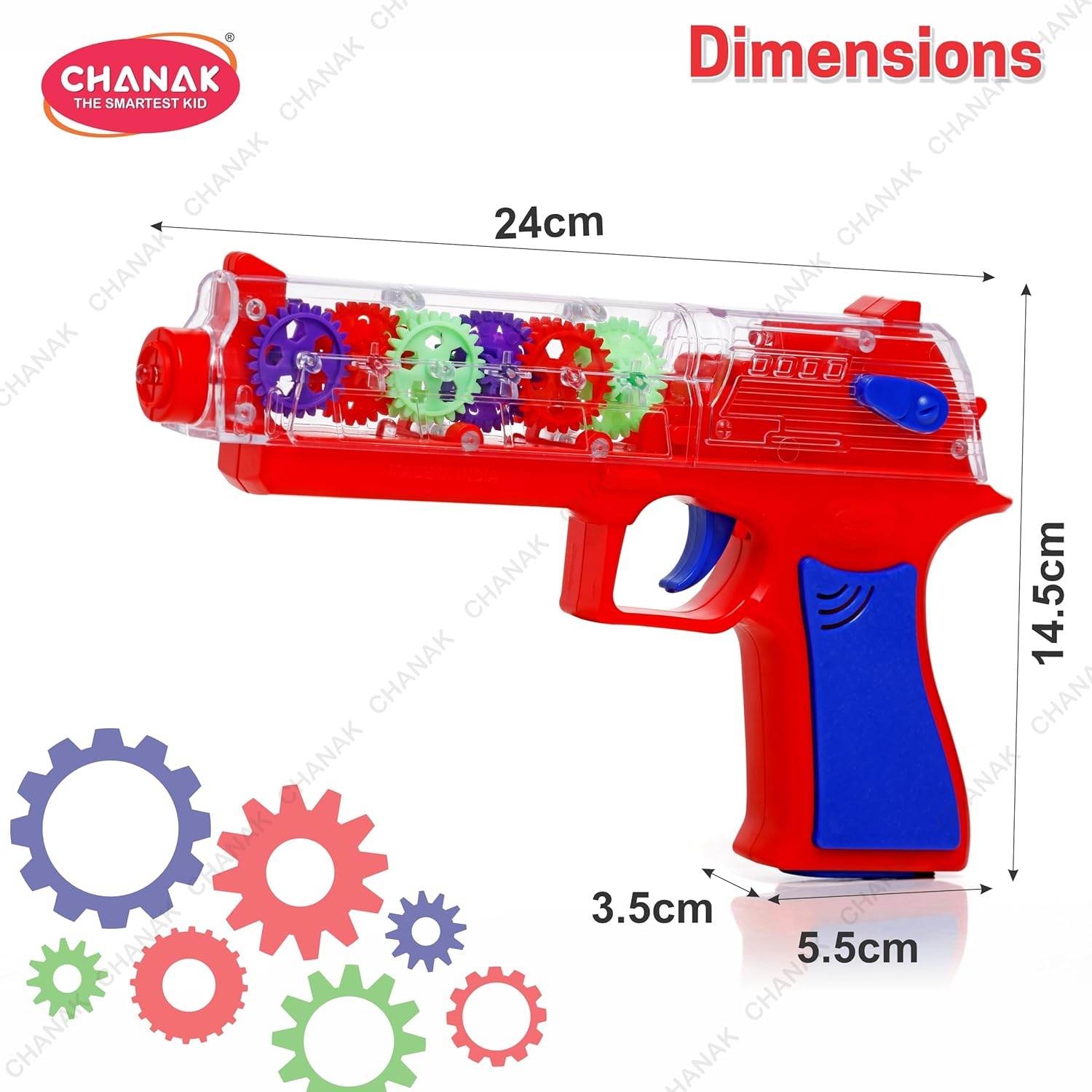 Transparent gear gun toy for kids with colorful gears and red and blue handle measuring 24 cm long