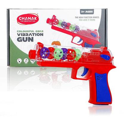 Transparent gear gun toy for kids with colorful gears and red blue handle by T Rex the toyland Sitamarhi