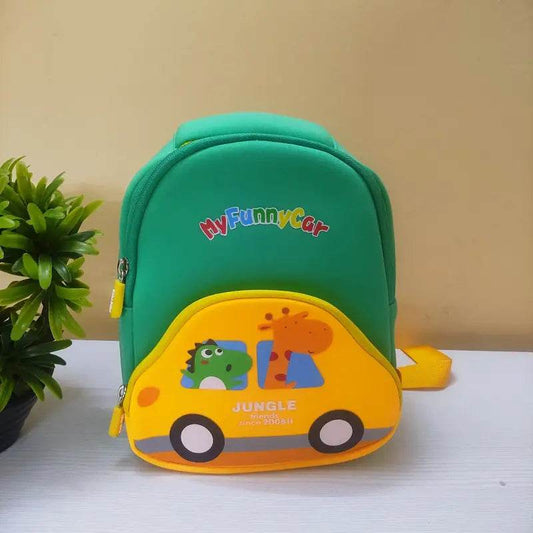 Green and yellow children kindergarten school bag with cartoon animal car design by T-Rex the toyland Sitamarhi
