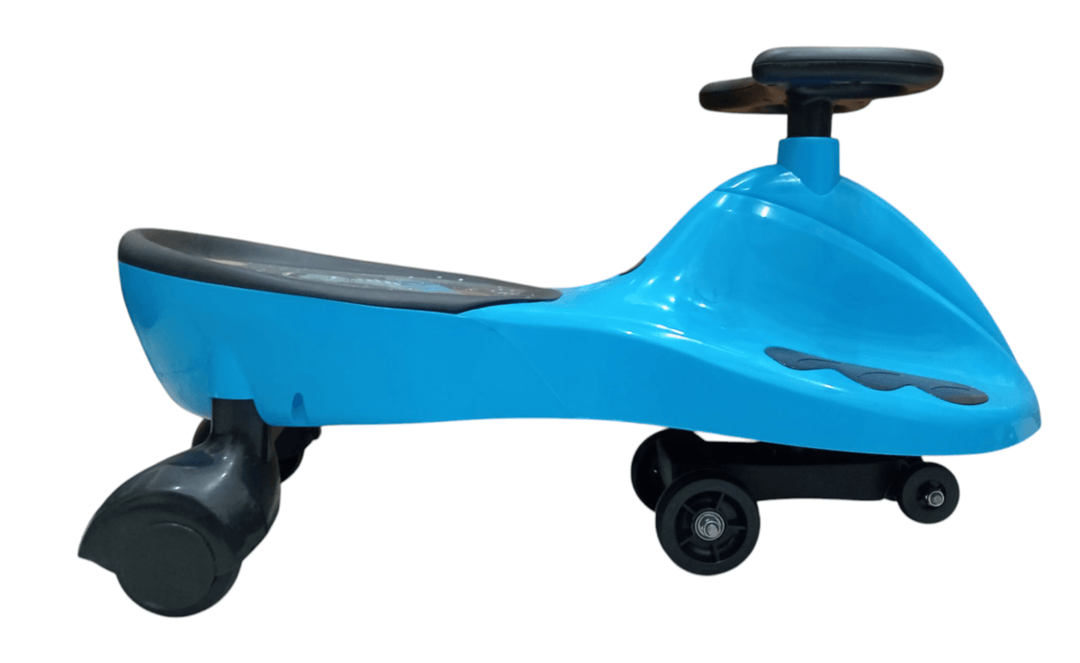 Blue ride-on car for toddlers featuring a steering wheel and four wheels for easy gliding