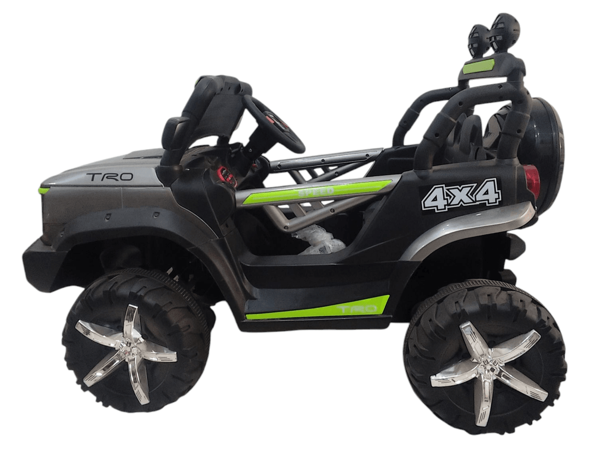 Black 4x4 ride-on car for kids featuring oversized wheels, suitable for childs ride on toys ages 3-5
