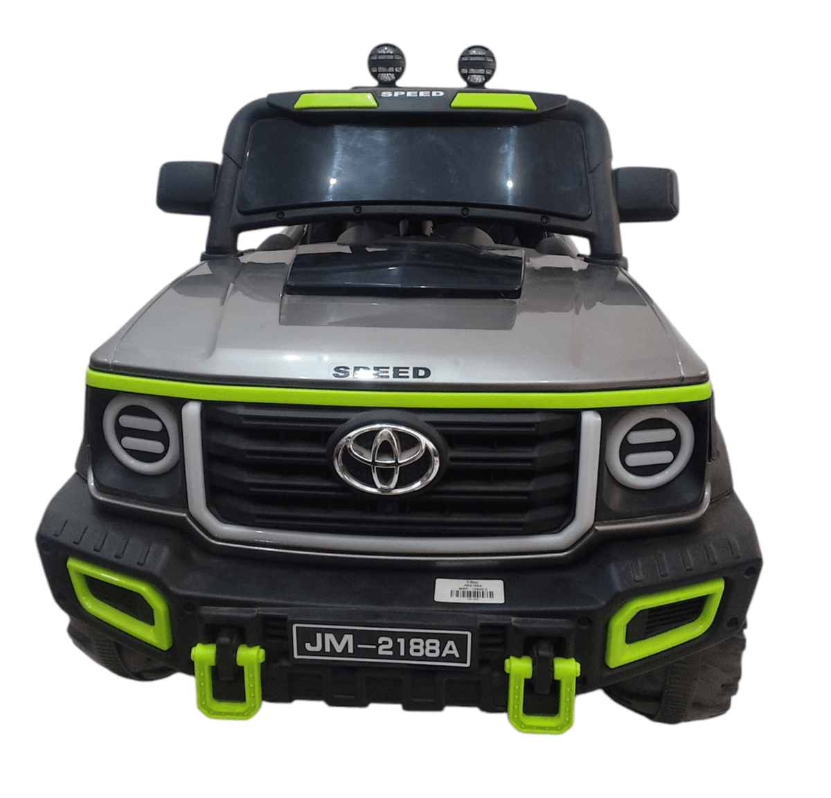 Silver ride-on toy truck with green accents for kids ages 3-7, inspired by Toyota design