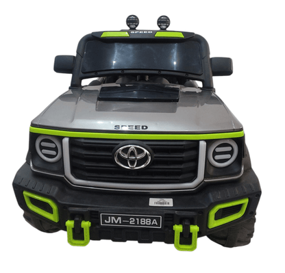Silver ride-on toy truck with green accents for kids ages 3-7, inspired by Toyota design