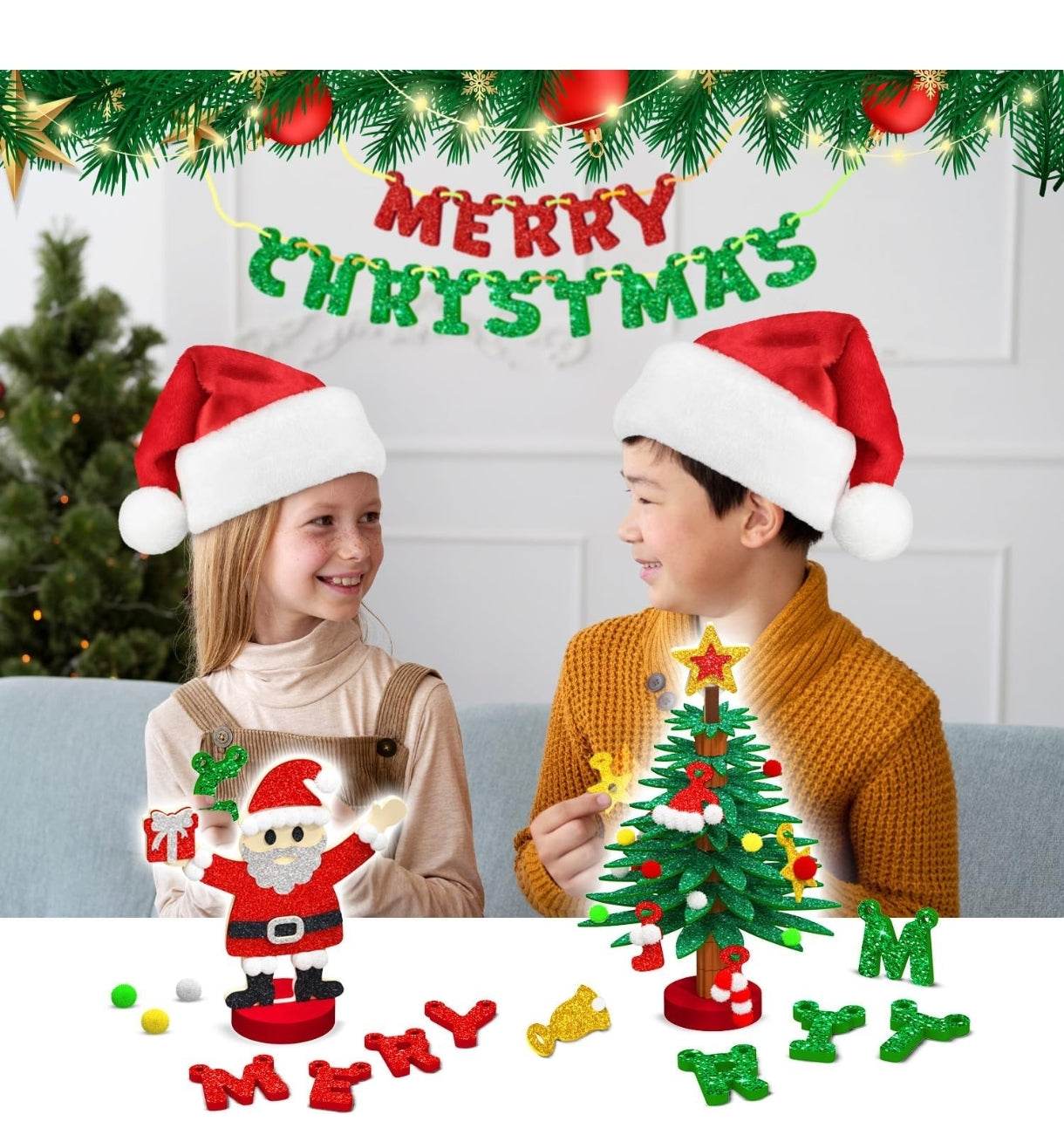 Kids wearing Santa hats assembling Christmas craft kit for kids with festive decorations and Santa figure