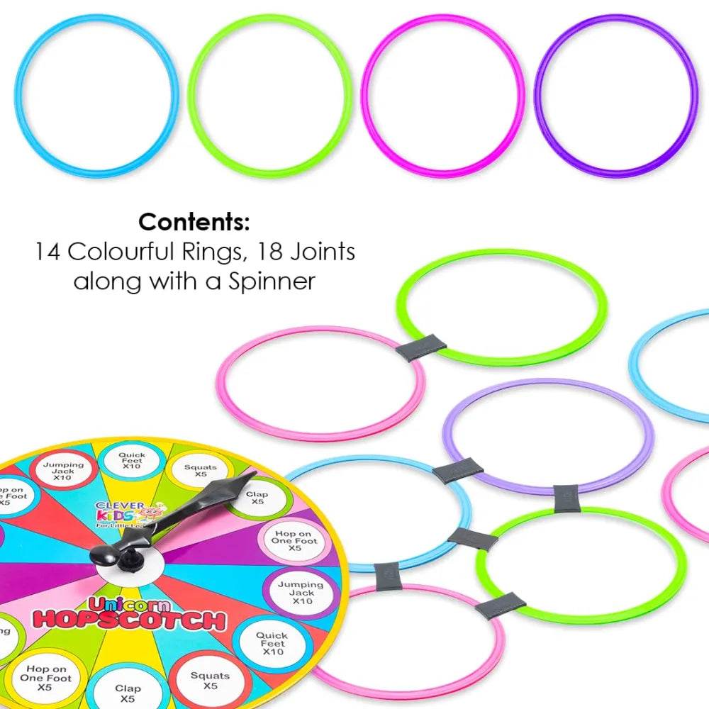 kids unicorn hopscotch set with spinner colorful rings and labeled spinner board for indoor outdoor play