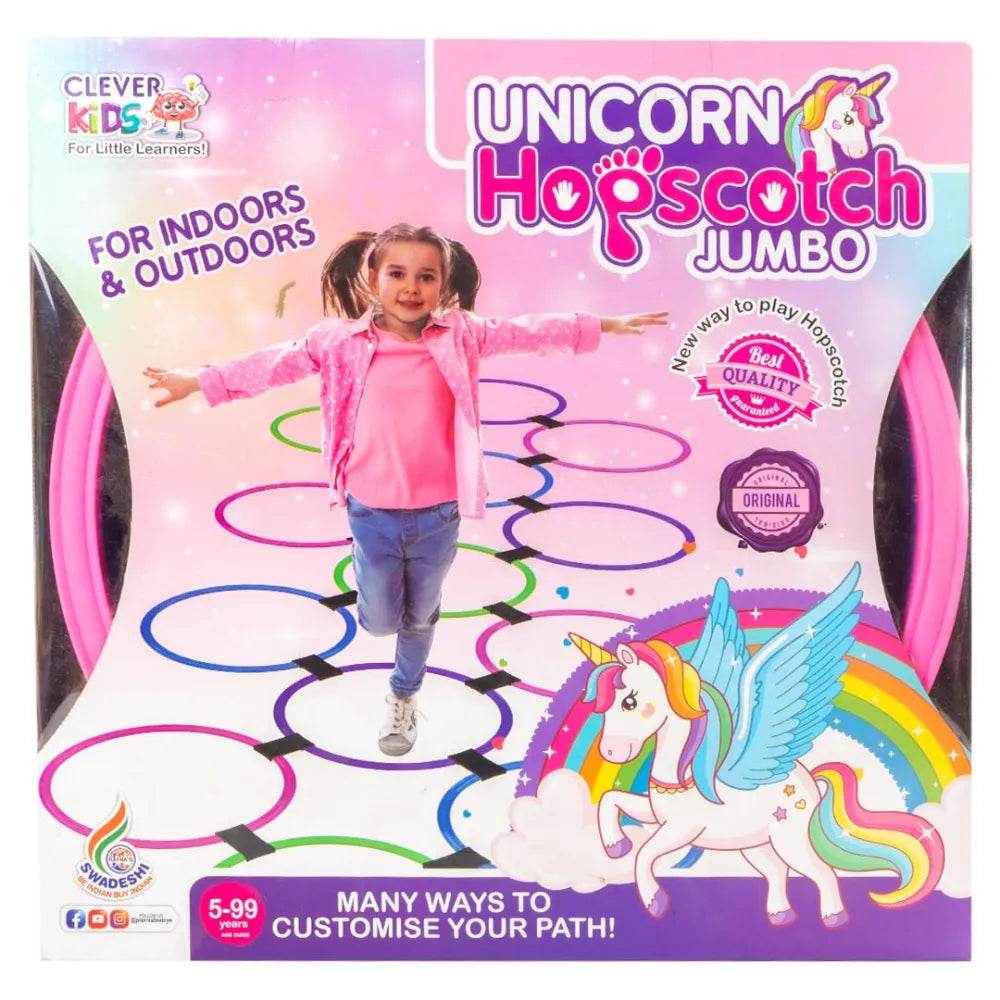 kids unicorn hopscotch set with spinner packaging showing girl playing colorful rings and unicorn