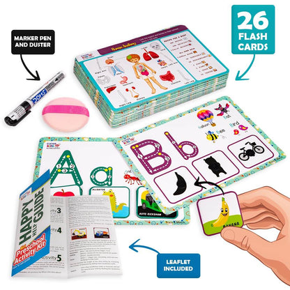 Prem Ratna preschool activity kit for toddlers with 26 colorful flash cards, marker pen, duster, and leaflet