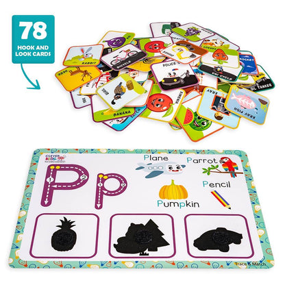 Prem Ratna preschool activity kit for toddlers with 78 colorful hook and look cards for learning letters and words
