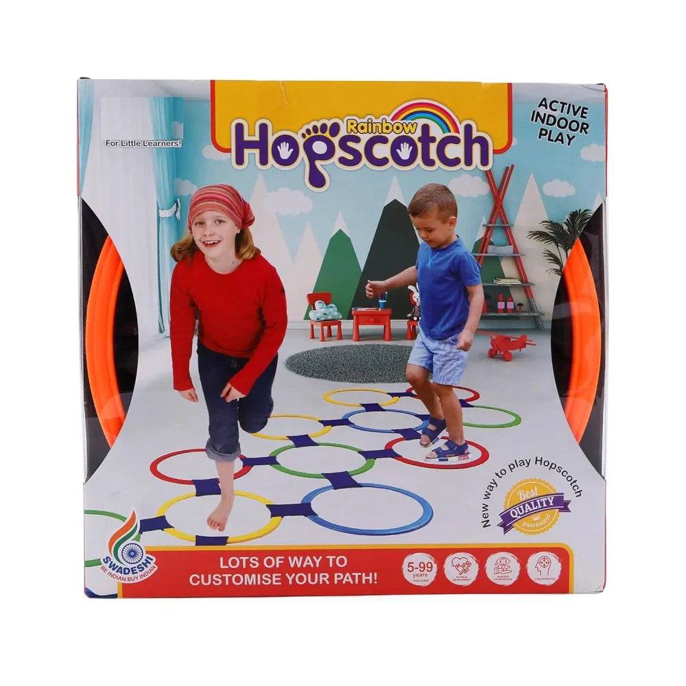 Prem Ratan rainbow hopscotch play mat with colorful rings and kids playing indoors