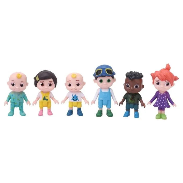 Set of colorful Cocomelon toys featuring six characters for children aged 2 and up