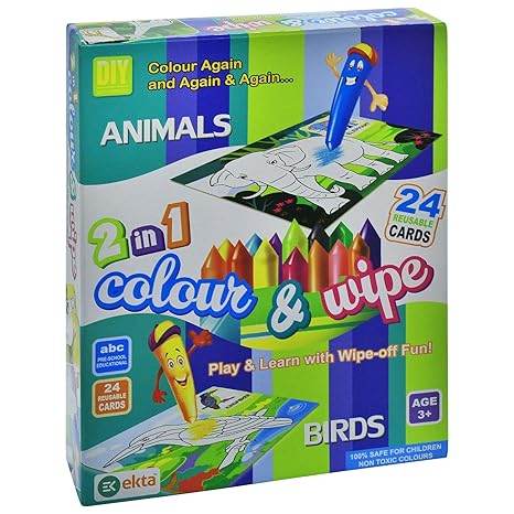 Colour & Wipe 2 in 1 Birds & Animals Game for Kids - Colour : Multicolour - (Age Group - 3-12 Years) - T-Rex the toyland Sitamarhi