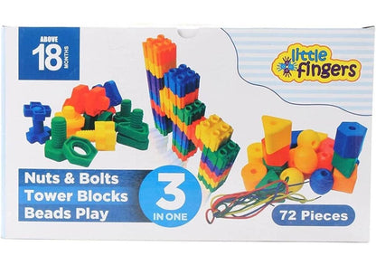 Colorful 72-piece building set for kids with nuts, bolts, and tower blocks for creative play