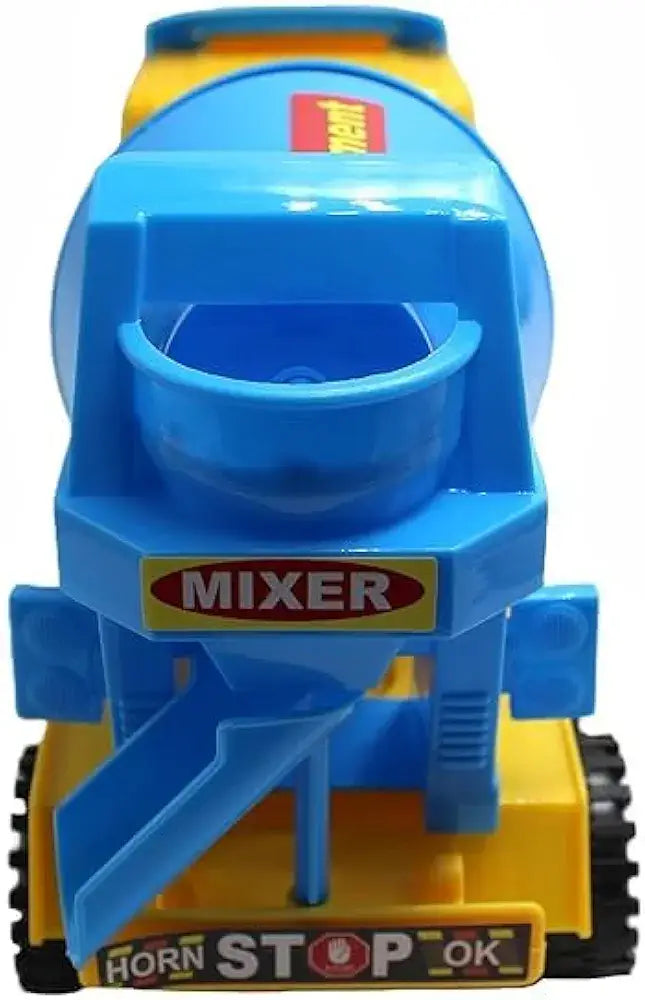 Blue concrete cement mixer toy for ages 3-5 years with rotating drum and functional chute