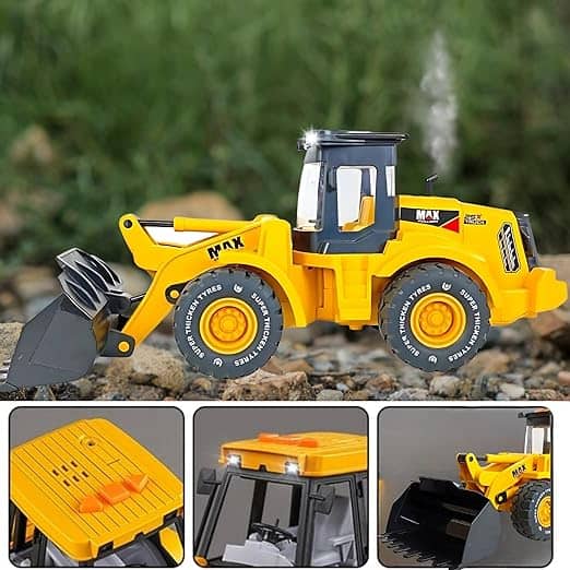 Yellow construction vehicle toy with a working front loader for children ages 3 and up
