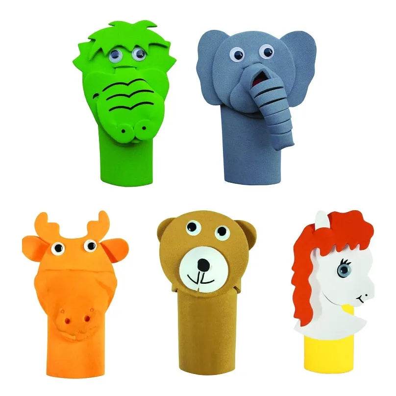 Colorful finger puppets including crocodile, elephant, deer, bear, and unicorn made of craft eva foam