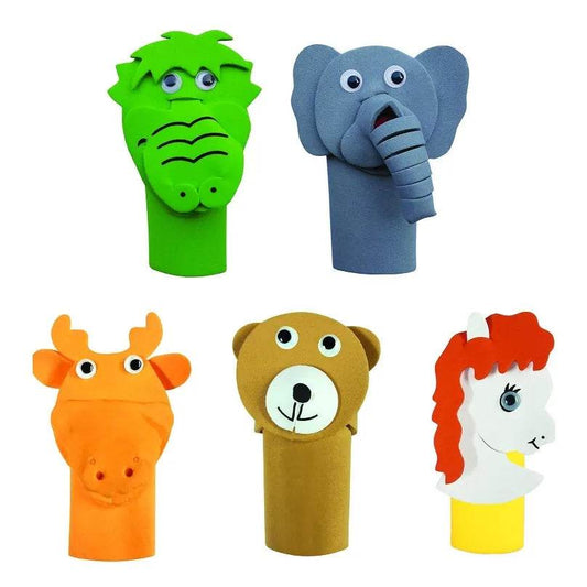 Colorful finger puppets including crocodile, elephant, deer, bear, and unicorn made of craft eva foam