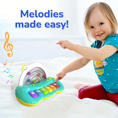 Brightly colored crib musical toy for infants, featuring light-up keys and interactive sounds