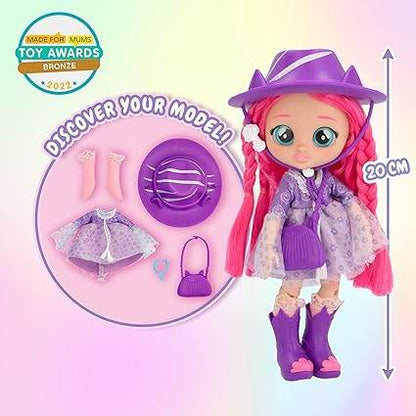 Cry Babies BFF Katie fashion doll with purple outfit hat and accessories standing 20 cm tall