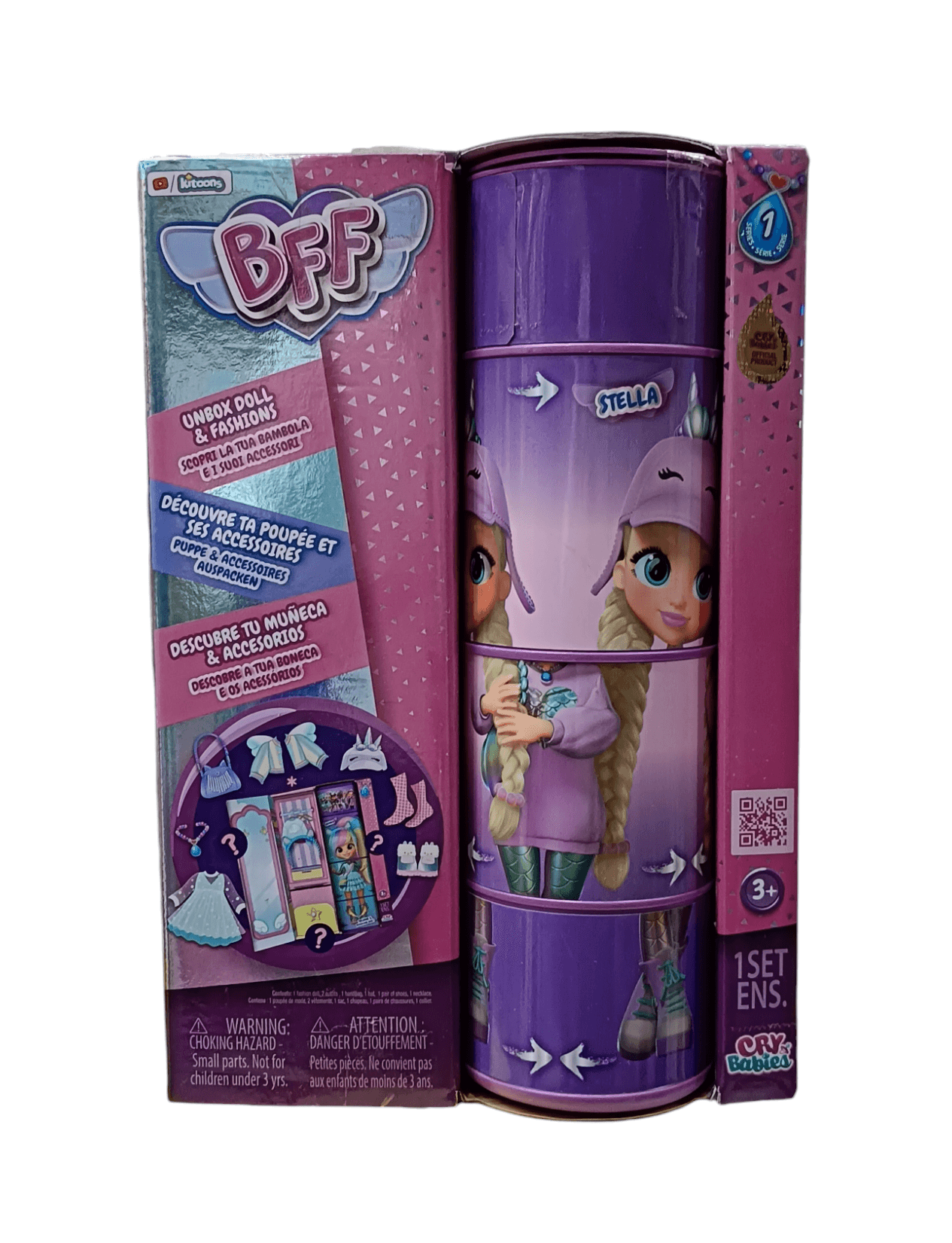 Cry Babies BFF Stella dollhouse set featuring collectible doll and accessories in purple packaging