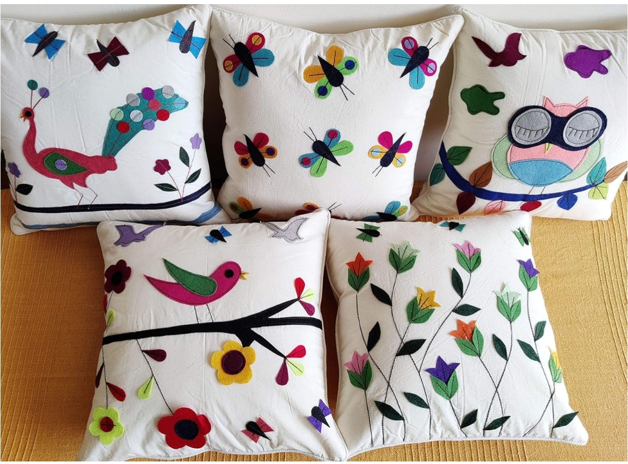 Colorful decorative cushion covers for sofas with floral and bird designs