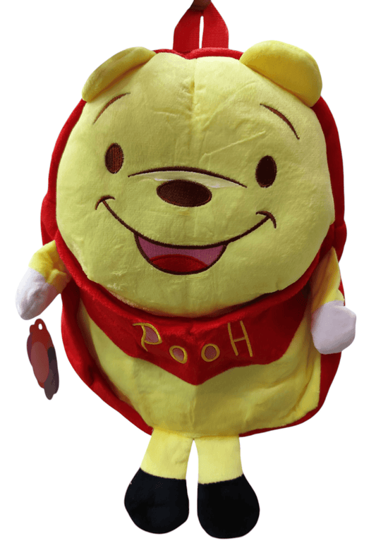 Cute animal backpacks for preschool featuring a yellow and red Winnie the Pooh plush design