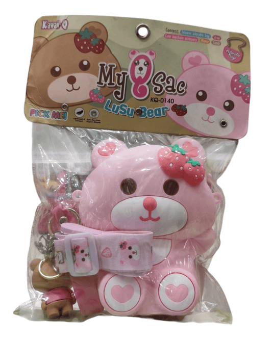 Cute bear backpack for kids in pink with strawberry decorations and heart details