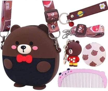 Cute bear kids bag with brown bear design and red bow tie, includes matching accessories
