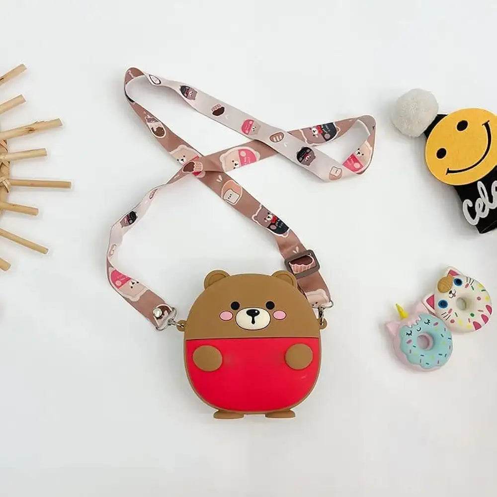 Cute bear kids bag with a brown and red bear design and adjustable printed strap