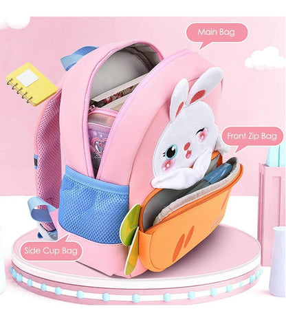 Cute rabbit backpack for toddlers in pink with multiple compartments and side cup bag