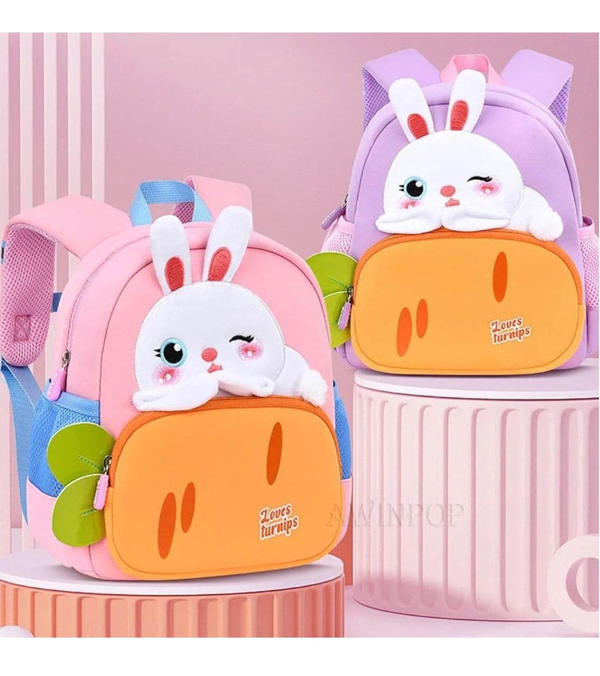 Cute rabbit backpack for toddlers in pink and purple with carrot design front pocket