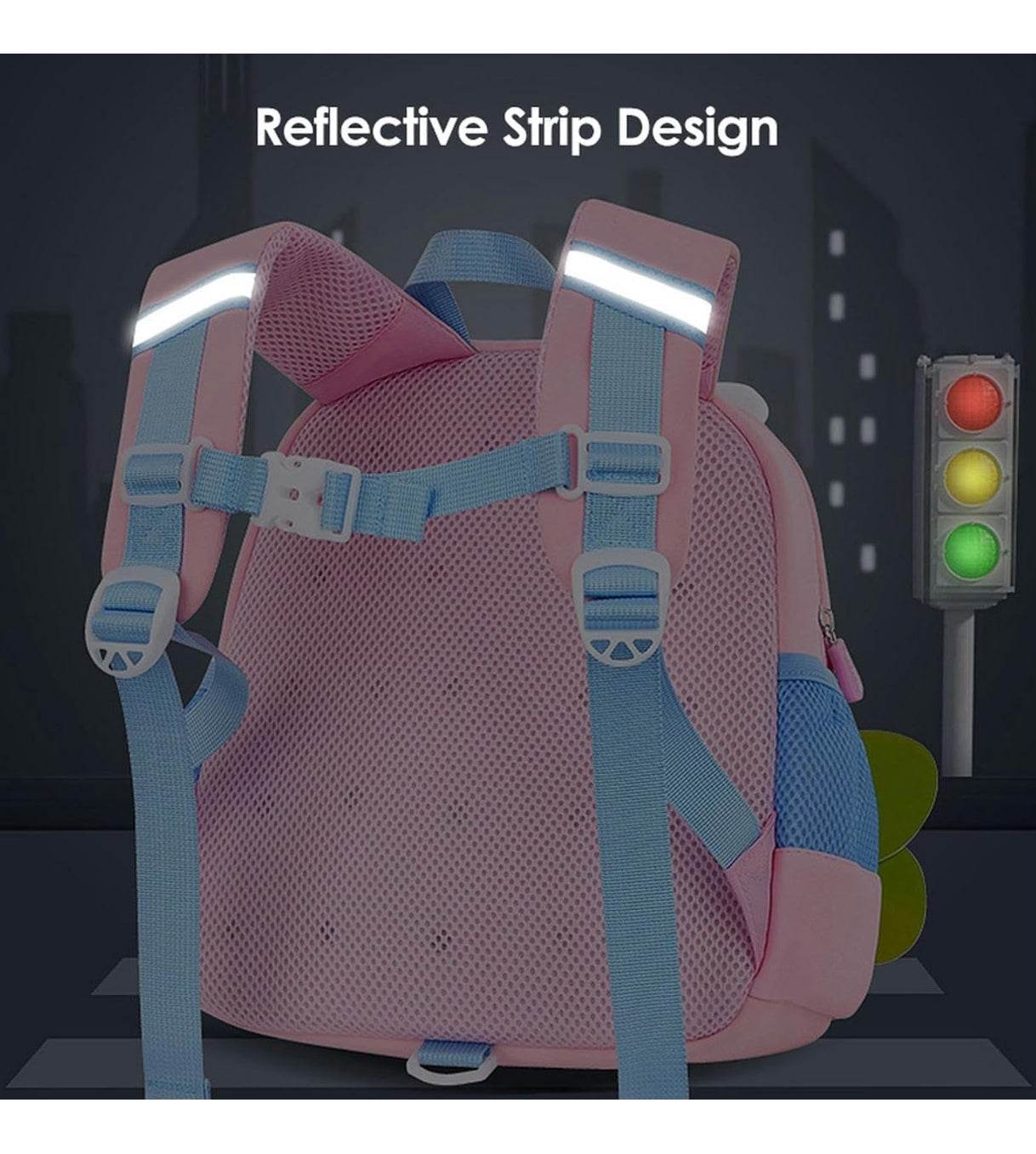 Back view of cute rabbit backpack for toddlers with reflective strip design on pink and blue straps