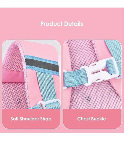 Soft shoulder strap and chest buckle details of a cute rabbit backpack for toddlers in pink and blue