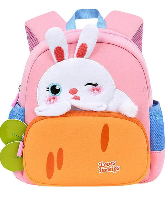 Cute rabbit backpack for toddlers in pink with orange front pocket and blue side mesh pockets