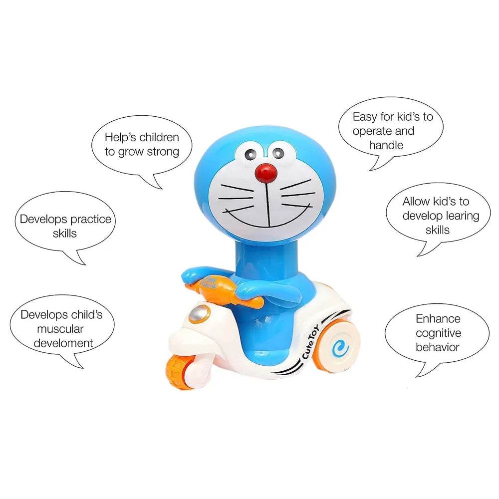 Doraemon push and go toy in blue and white with orange wheels promoting kids skill development