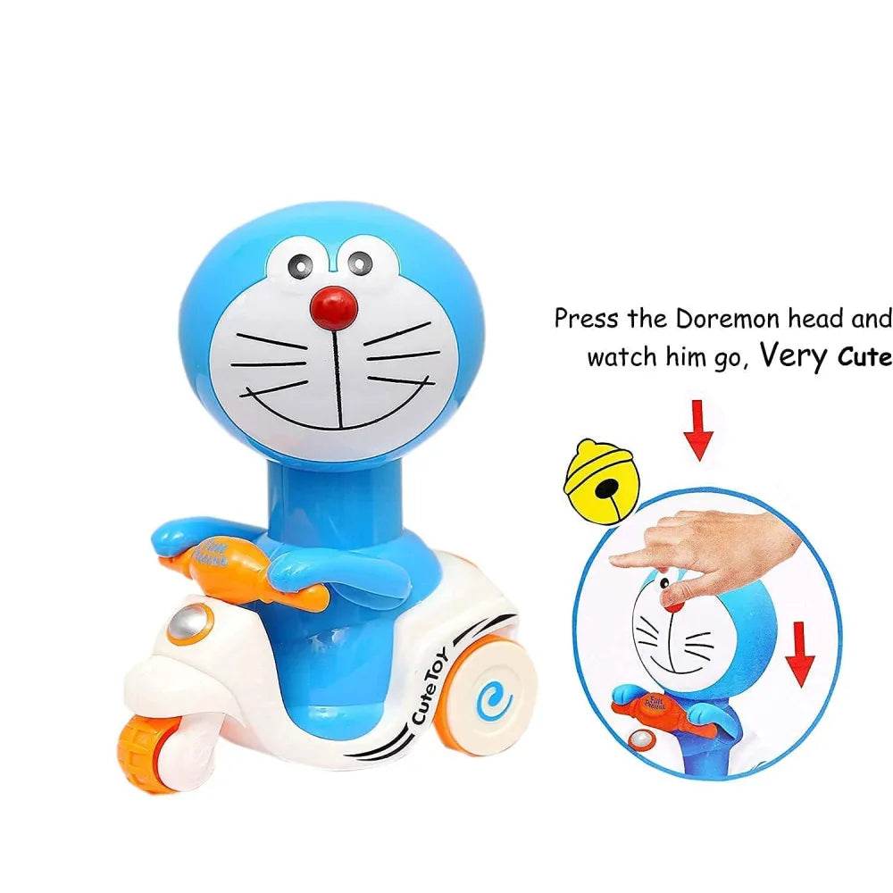 Doraemon push and go toy with blue character riding a white scooter for kids