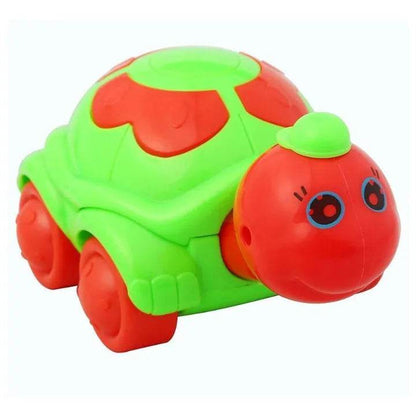 Bright green and red cute turtle toy for toddlers with large eyes and smooth wheels