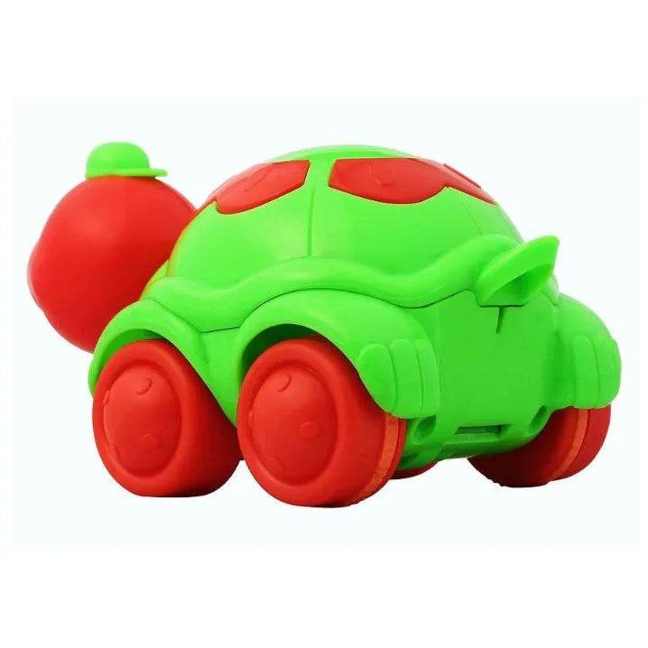 Bright green and red cute turtle toy for toddlers with wheels and playful design
