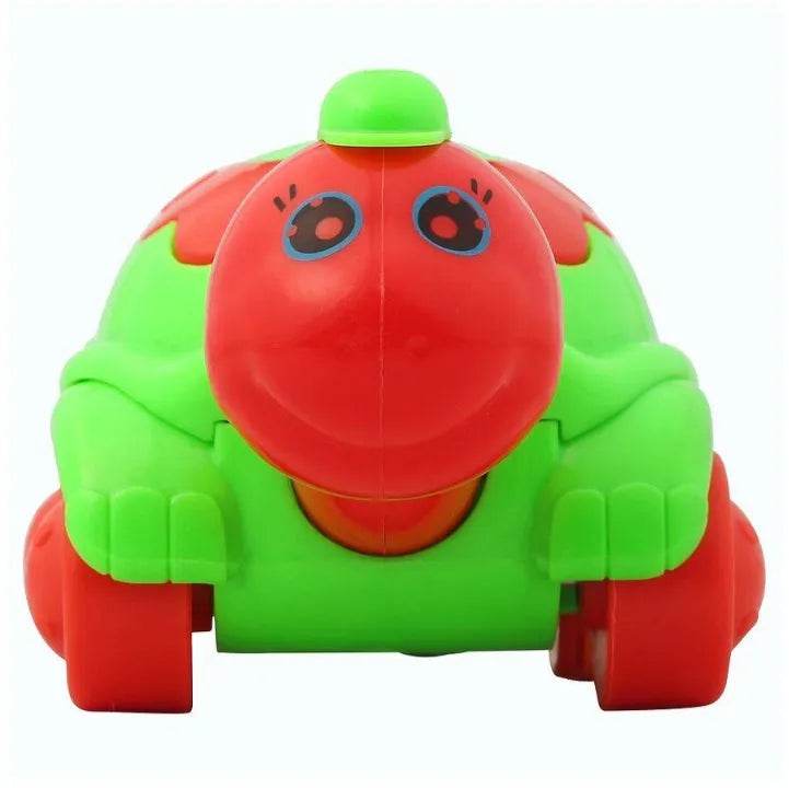 Cute turtle toy for toddlers in bright green and red colors with smiling face and wheels