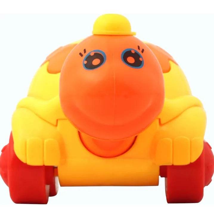 Bright orange and yellow cute turtle toy for toddlers with big eyes and red wheels