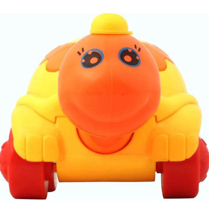 Bright orange and yellow cute turtle toy for toddlers with big eyes and red wheels