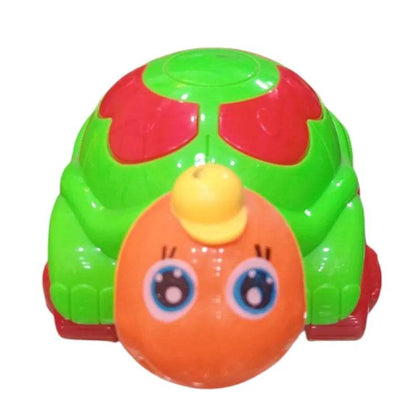 Bright green and red cute turtle toy for toddlers with an orange head and big blue eyes