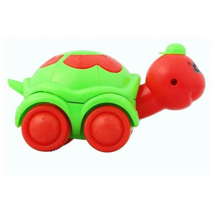 Cute turtle toy for toddlers in bright green and red colors with wheels for easy rolling