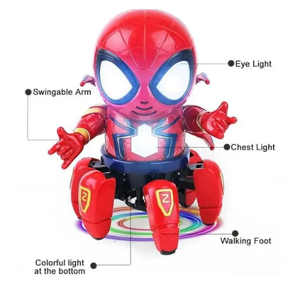 Toy robot with spider-Man design, labeled features