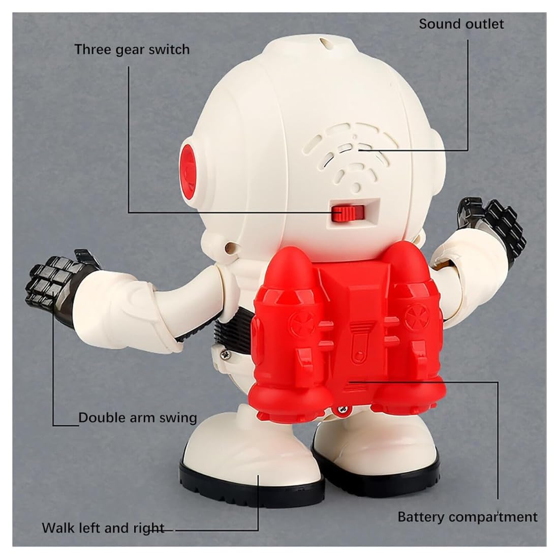 Dancing robot toy in white and red with moving arms, suitable for kids aged 3 and up
