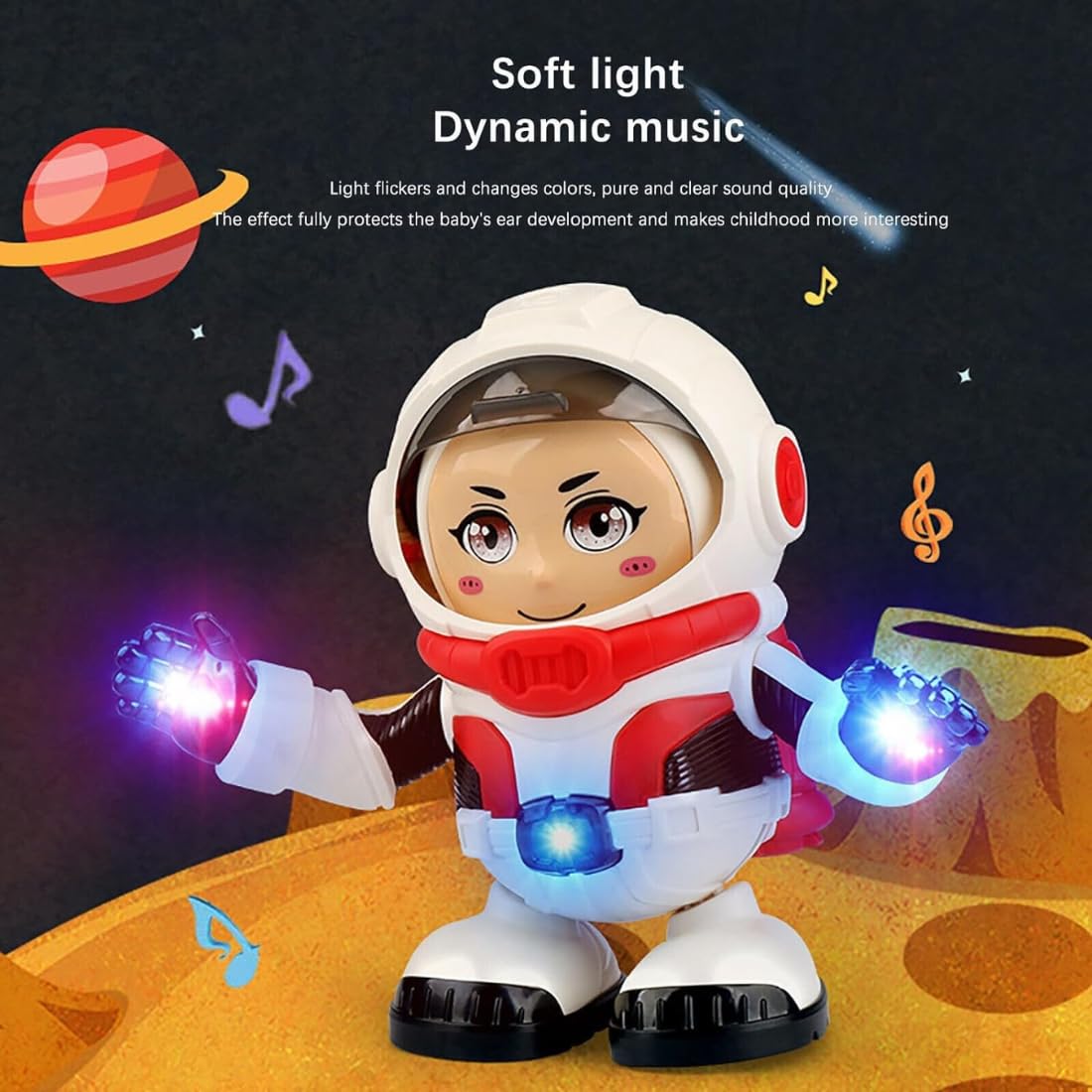Dancing robot toy in white and red for children with colorful lights and music