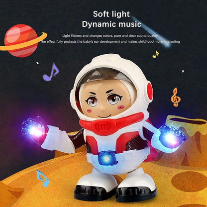 Dancing robot toy in white and red for children with colorful lights and music