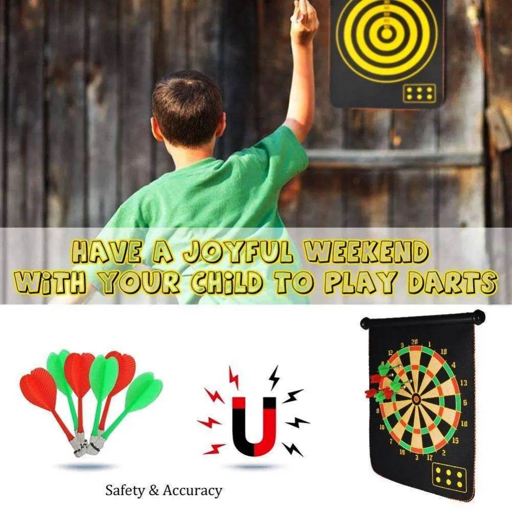 Child enjoying playtime with a colorful dartboard magnetic set for ages 6 and up
