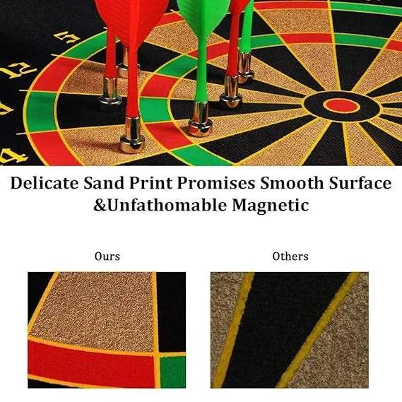 Magnetic dartboard with red and green darts for ages 6 and up, featuring a smooth sand print surface